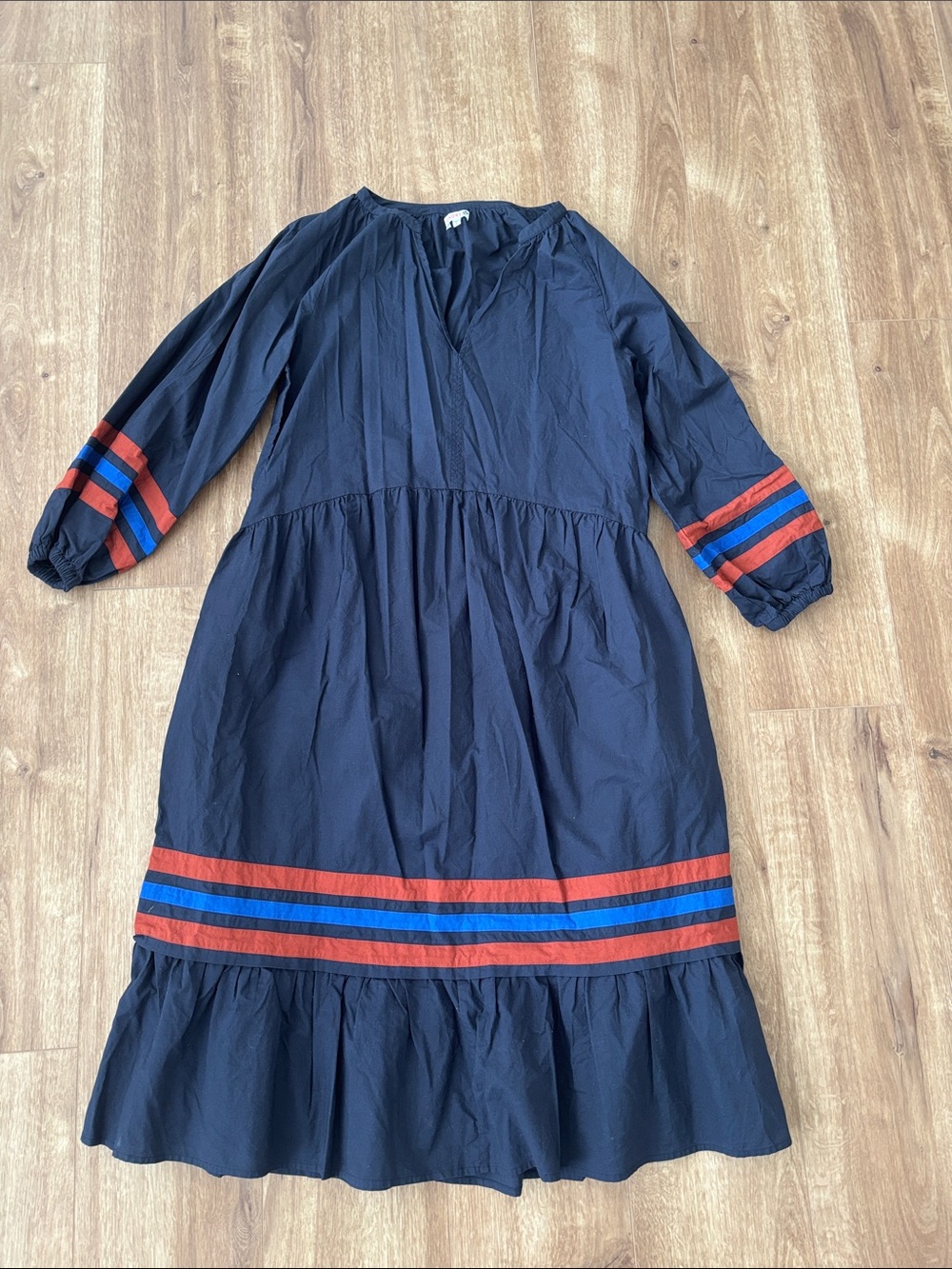 Navy Dress with burnt orange and Blue Stripe Detail by Sundry100% organic cotton